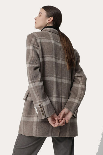 Khaki Plaid Notched Lapel Double Breasted Women Wool Coat